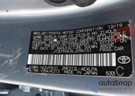 2020 Toyota Corolla Le из США, поврежденный, VIN JTDEPRAE6LJ096151